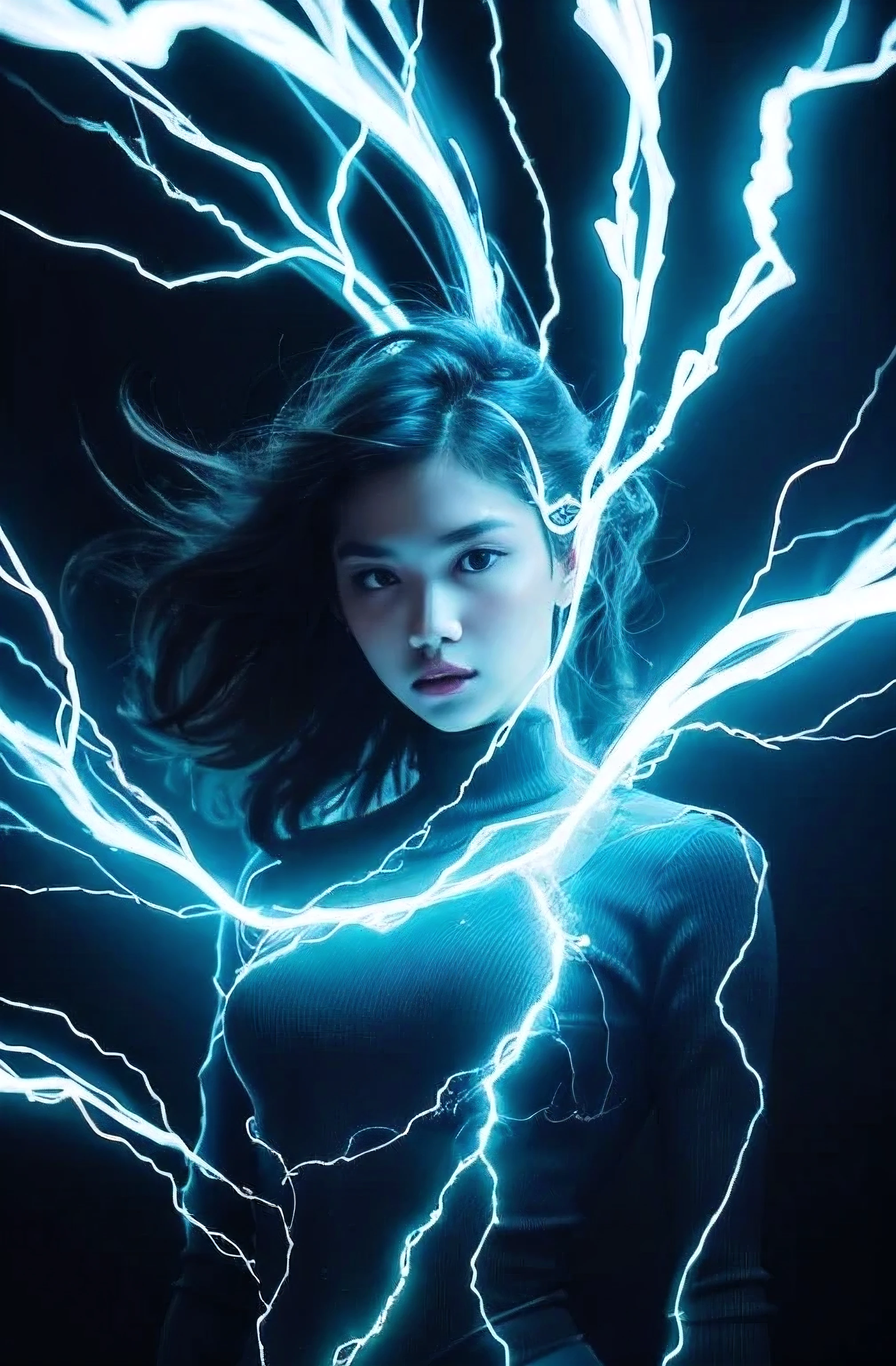 Close-up shot of a lone female figure standing tall amidst a dark, matte-black background. Her upper body is enveloped in a vibrant, swirling aura of electric blue lightning, with crackling thunder flashes illuminating her features. The FuturEvoLab aesthetic shines through in the intricate details and dynamic energy emanating from her being.