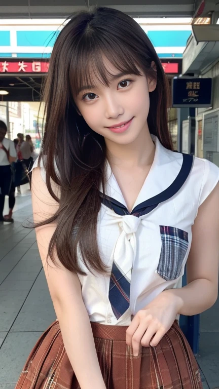 expensive resolution, RAW Photos, Realistic, Very delicate and beautiful, Very detailed, In detail, Very detailed CG unity 8k wallpaper, Very detailedな, (expensiveest quality, 8k, 32K, masterpiece, 超expensive resolution:1.2), cute japanese model pictures, ＪＫ , expensive ,(White Sailor Suit 1),Tartan Check Skirt, Tartan check tie, Beautiful Face, Downward,Long one-length long hair, Walking on the station platform, Surreal, １６Year,Young and cute gravure idol,Duck face,teeth, pork, Thighs,View your viewers,Bang on the head,150cm,nice smile、