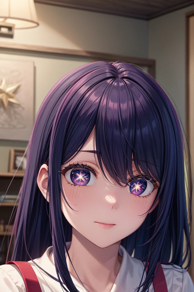 (8k, Ultra-high resolution, The best masterpiece, best quality:1.2), Very detailed, portrait, Half Body, side, focus on eyes, HD RAW photos, career arrest, High quality and beautiful, 超高清 8k 影像照片, confess, Professional photography, (actual, actual相片: 1.37), Very detailed的美麗女孩, Super delicate face shape, Contoured eyes, (Very detailed eyes), Delicate skin, (HD Skin:1.2), Neatly contoured fingers, (20:1.2), Twenty generations, cute girl, young beautiful mother, solo, Ai Hoshino, Hoshino Ai, (Wearing home clothes), Vibrant look, (Living room at home), Dynamic dark purple long hair, shiny purple eyes, (Star-shaped pupil:1.5), one hand raised, Sensual, Exuding motherly love, perfect anatomy, Detailed background, HD Background, Volumetric lighting, actual, stunning details, 8k Ultra HD, high quality, CG unity, C4D Rendering, 3D Rendering, Octane Rendering,