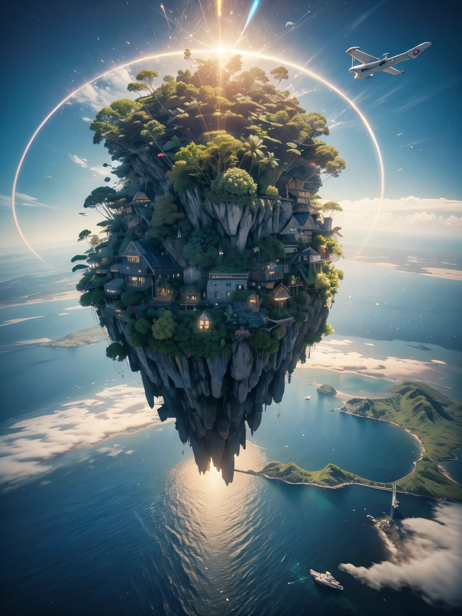 Many islands are suspended in the air with many small aircraft flying around, cities, fancy, magical plants growing, extremely details, realistic light, epic composition, (complexdetails), (Complex project, ultra-details :1.2), art station, (work of art, best qualityer), ultra HD, 32K --v 6