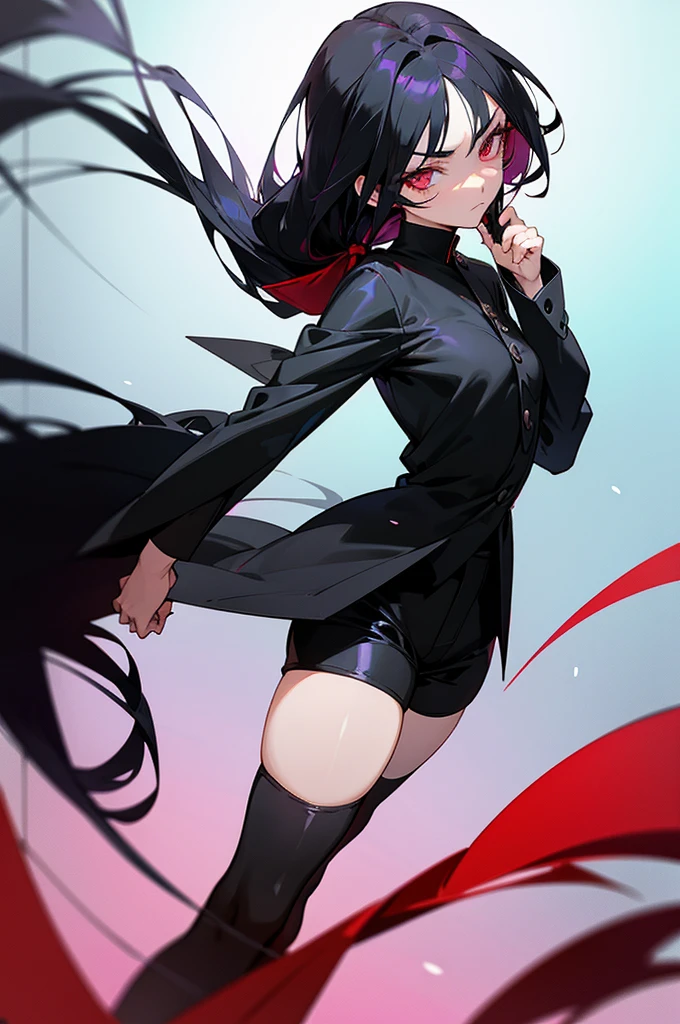 Anime lady, crimson eyes, long eyelashes, long raven black hair, long ponytail, fringe in middle of face, one strand of hair trailing down left cheek, hair framing face, black suit, black shorts, black thigh-high socks, ankle leather boots, heeled boots, holding katana, cold expression, dismissive, looking down at camera, gradient background