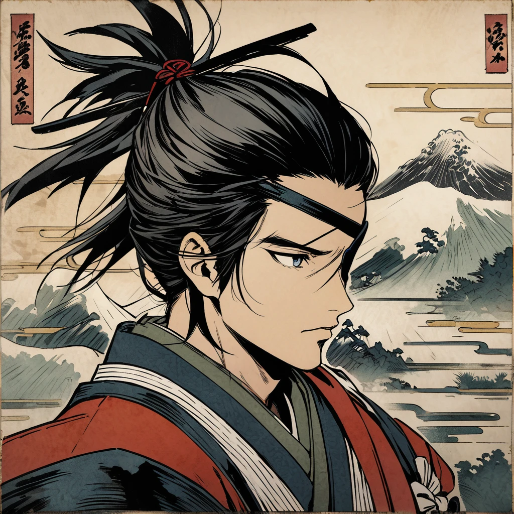 "Date Masamune portrait, iconic eyepatch, samurai attire, traditional Japanese painting style, historical representation, detailed background"