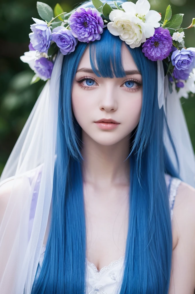 Blue hair, Caucasian beauty, long hair, dressed up, purple eyes, flower on head