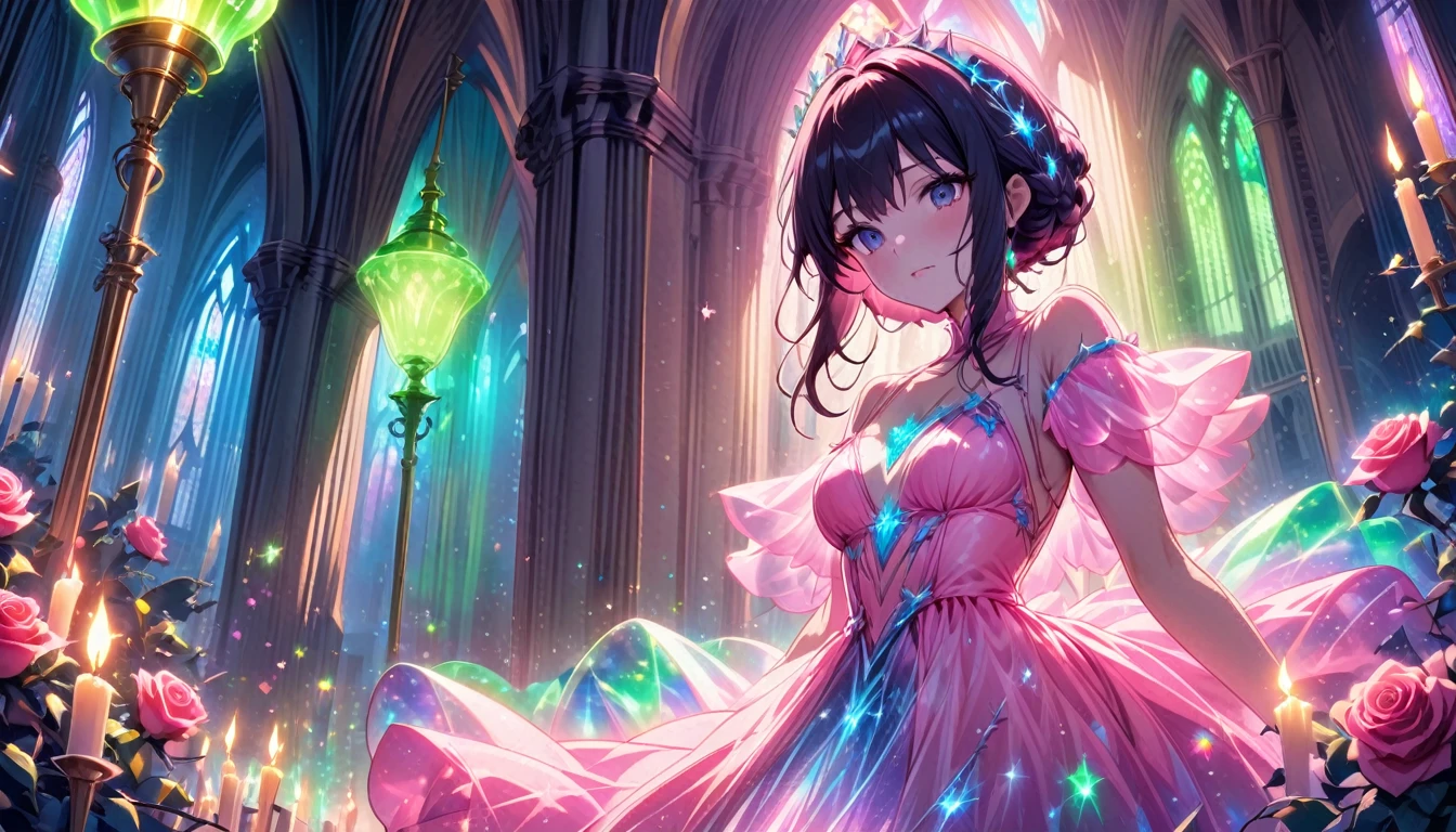 Princess, pink dress with rainbow crystals, magical, green lamp, haunting, mysterious, psychedelic, bioluminescent path, candles, briar, roses, thorns, pastel scatter light, cathedral, close up