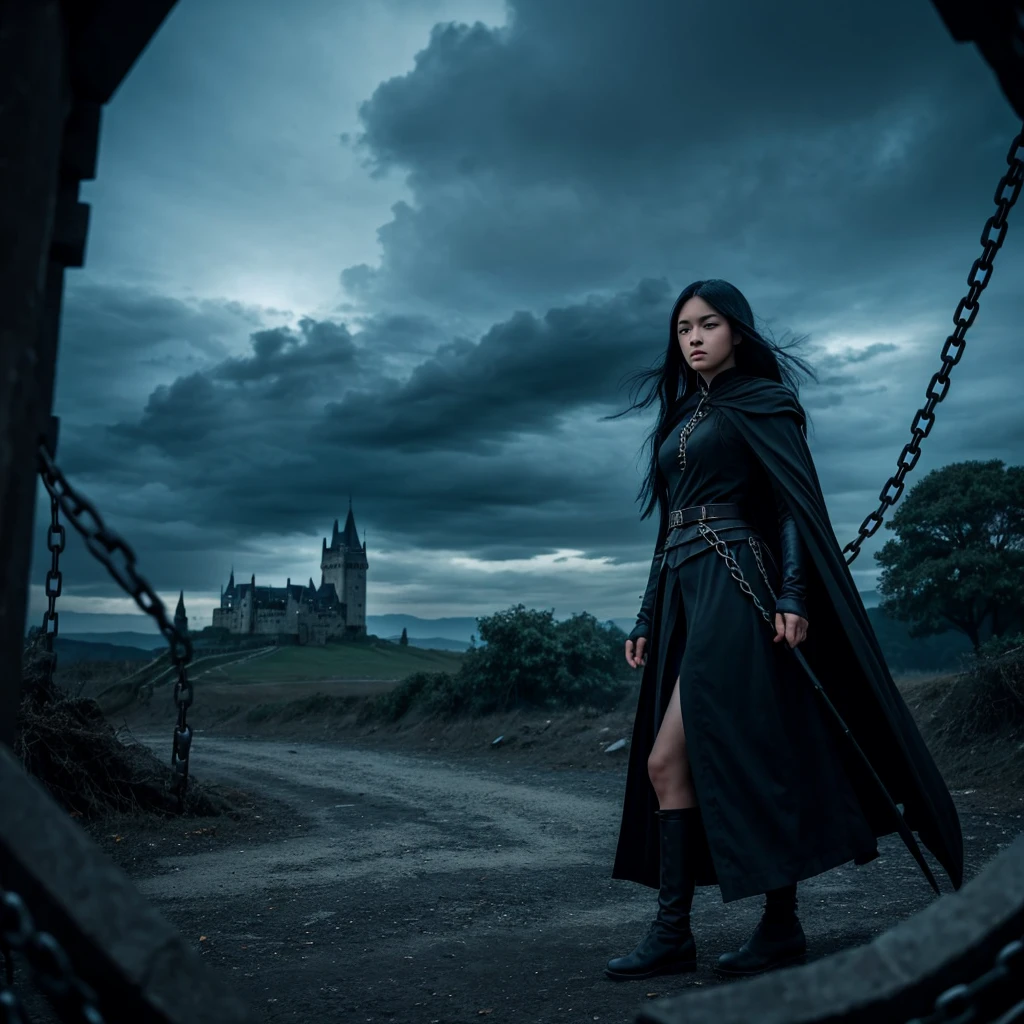 一位神秘美麗的女人 blue eyes and black hair stands in a dramatic pose, There are chains on the ground, A dark cloak billowed around her, Her expression is a mixture of determination and sadness. She is surrounded by crows and chains, Hints at a dark and mysterious past. In the background is a distant castle and swirling sky, Increase the sense of intrigue.
anime style, Dynamic composition wide angle lens, dramatic lighting, black contrast color, blue, and white, Subtle motion blur, Detailed texture, Clouds and distant castle in the background, Presented in a highly detailed and realistic style.