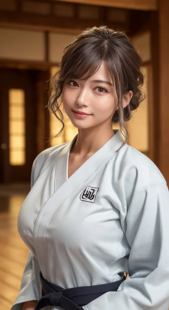 ((Highest quality、8k、masterpiece:1.3))、Sharp focus:1.2、Woman with muscular body:1.4、Colored eyes、((Sunburnした肌:1.5))、((Ash color hair:1.15))、((Silver Hair:1.2))、((Colorful Hair))、((Highlight Color:1.15))、((Twist perm))、Wild hairstyles、judo選手、Keep your arms down、Slim abdomen:1.2、((Huge boobs:1.2))、Wet body:1.1、HVery detailed facial and skin texture、 Detailed eyes、double eyelid、Sunburnした肌、Sunburn、Sweaty skin、One girl, Intricate details, Cinematic feel, 8k, Very detailed、(Realistic、Photorealistic:1.37)、Ultra-detailed、Highest quality、Realistic、Very delicate and beautiful、RAW Photos、((Professional Lighting))、Facial lighting、Depth of written boundary、Prime length、((judo))、((Wearing a judogi))、((HVery detailed judo obi))、((Brazilian Jiu Jitsu Belt))、(Wearing the official judo uniform)、((Long sleeve))、((Wear a T-shirt))、(Muscular and healthy)、Small Head、expensive、((Beautiful Eyes))、A vivid face、True Face、 Beautiful Eyes、(Fashionable hairstyles:1.35)、Audience、((A cheerful Japanese woman))、Desporti Smile:1.15)、(Mouth closed)、美しくてBeautiful Eyes、(dojo:1.3)、Healthy Body、Dark Skin、(judo hall)、judoの技をかけている