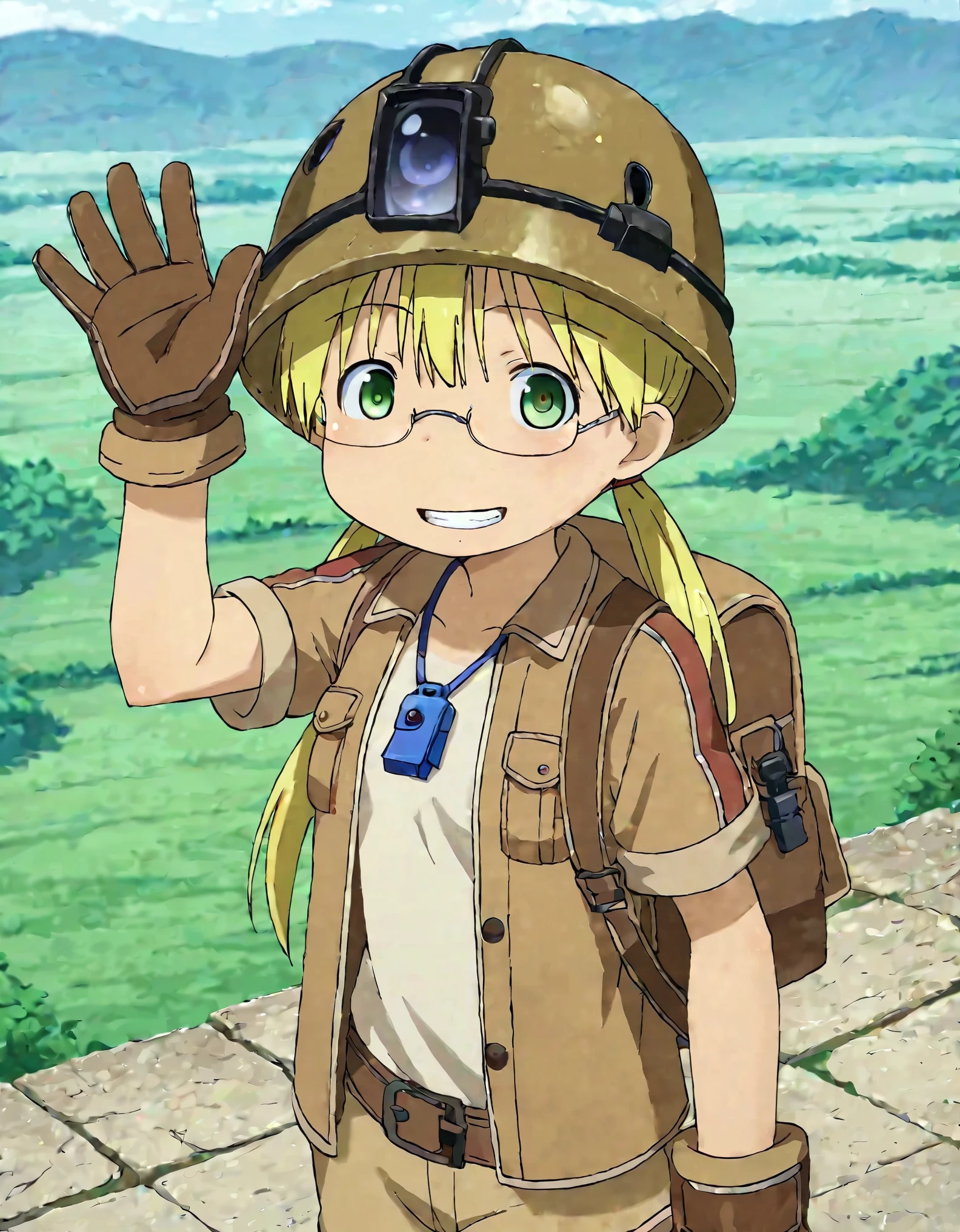 score_9, score_8_up, score_7_up, score_6_up, source_anime, Perfect Hands, perfecteyes, BREAK
1girl, solo, mabyss, scenery, thirdlayer, riko \(made in abyss\), blonde hair, green eyes, glasses, low twintails, gloves, jacket, short sleeves, :d, open clothes, teeth, pants, bag, open jacket, backpack, helmet, , brown gloves, brown jacket, waving, female , whistle, whistle around neck, looking at viewer, brown helmet,