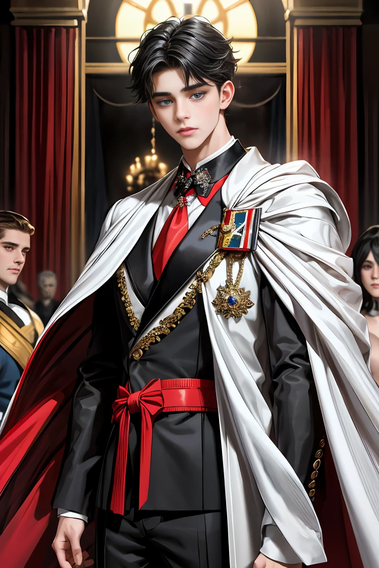 masterpiece, 最high quality, high quality, 1 boy, alone, Male focus, Watching the audience, Messy black hair, Adorable big blue eyes, White, Noble, Noble,A sexy, voluminous, puffy cape、tuxedo、A very voluminous, large, very large, very large, long, long red and black cape with a high stand-up collar, made of a lot of fabric that reaches down to the floor., s old,Cute beautiful boys,Cute, cute, kind, handsome guy