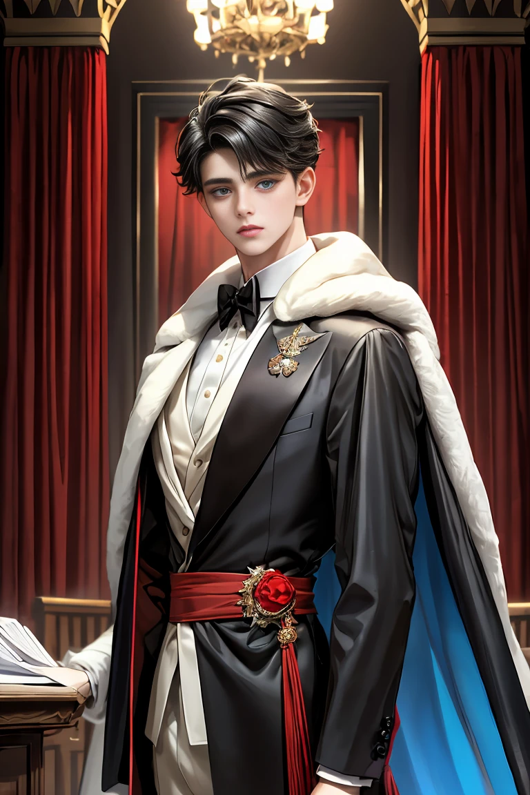 masterpiece, 最high quality, high quality, 1 boy, alone, Male focus, Watching the audience, Messy black hair, Adorable big blue eyes, White, Noble, Noble,A sexy, voluminous, puffy cape、tuxedo、A very voluminous, large, very large, very large, long, long red and black cape with a high stand-up collar, made of a lot of fabric that reaches down to the floor., 17 years old,Cute beautiful boys,Cute, cute, kind, handsome guy