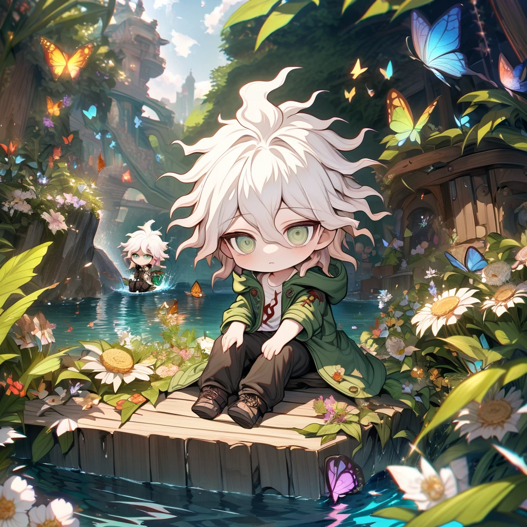 Ultra detailed, HDR, Highres, absurdres, master piece, Komaeda Nagito as chibi, white hair, expressive gray-green eyes, green coat with a hoodie, white shirt, black pants, Danganronpa, flowers, butterflies, fantasy, magical, green leaves, summer, boy, cute, water, chibi, sitting