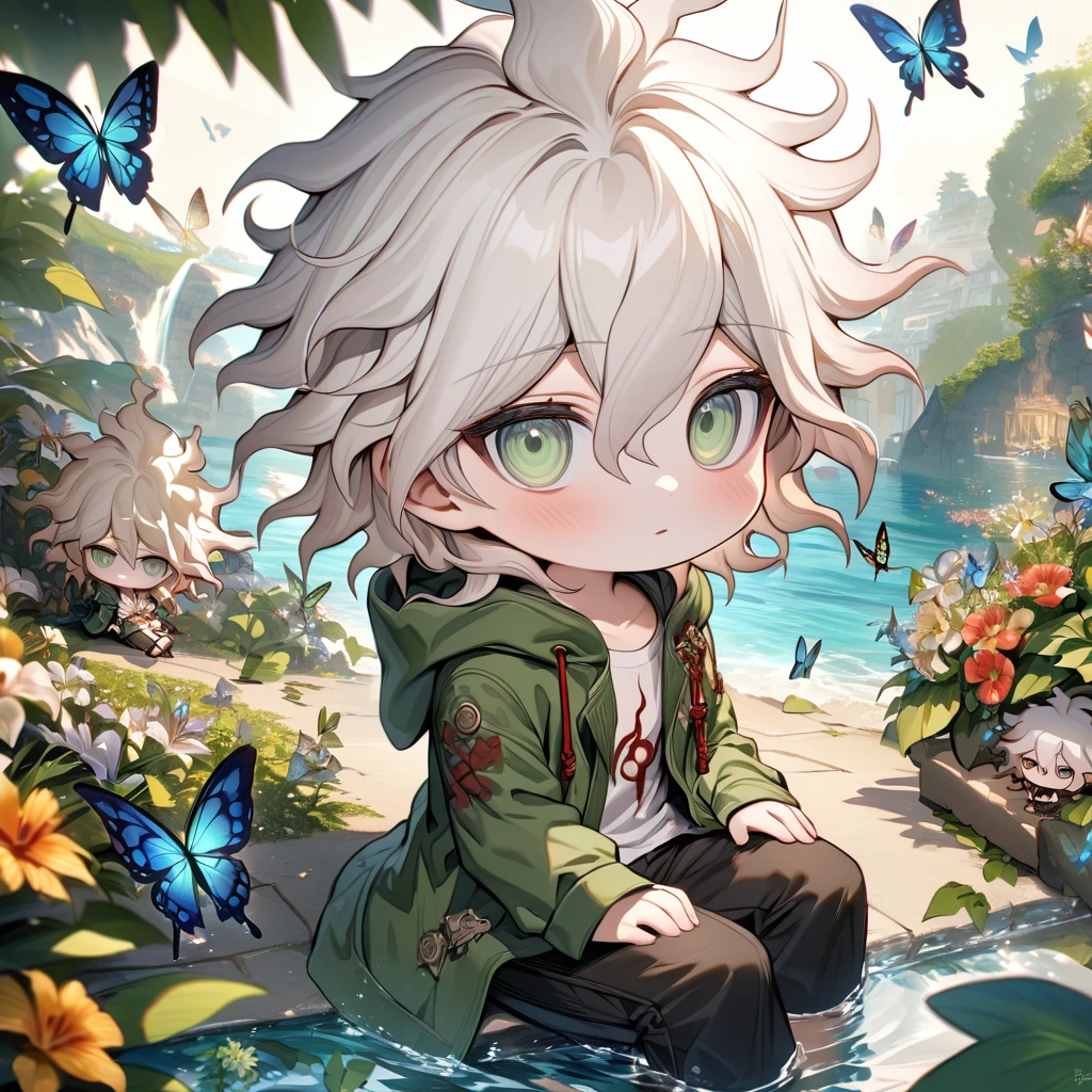 Ultra detailed, HDR, Highres, absurdres, master piece, Komaeda Nagito as chibi, white hair, expressive gray-green eyes, green coat with a hoodie, white shirt, black pants, Danganronpa, flowers, butterflies, fantasy, magical, green leaves, summer, boy, cute, water, chibi, sitting