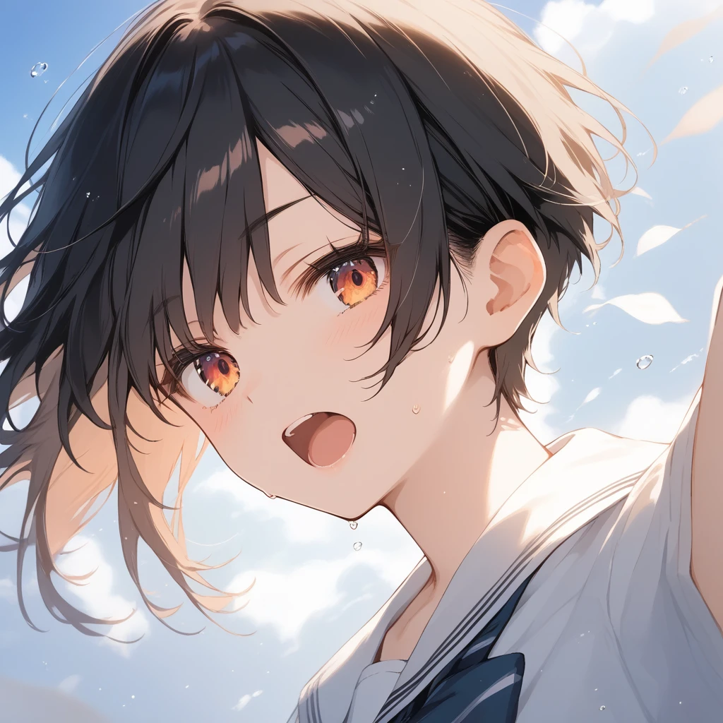 score_9, score_8_up, score_7_up, source_anime, best quality, masterpiece, official art, absurdres, highres, ultra-detailed,waifu2x,Collection: Serious Beauty,break,1girl, tomboy, very short hair, pixie cut, breasts, beautiful detailed eyes, open mouth, (yawn:0.3), sleepily, school_uniform, short sleeves, sweat, outdoors, rural, wind, break,(clear line illustration:1.2), super detailed skin,very high resolution, very aesthetic, Best sexual lighting powered by famous artist, 8k, beauty illustration,photoshop_(medium),,(Detailed Lighting),best anime 8k konachan wallpaper, pixiv contest winner,