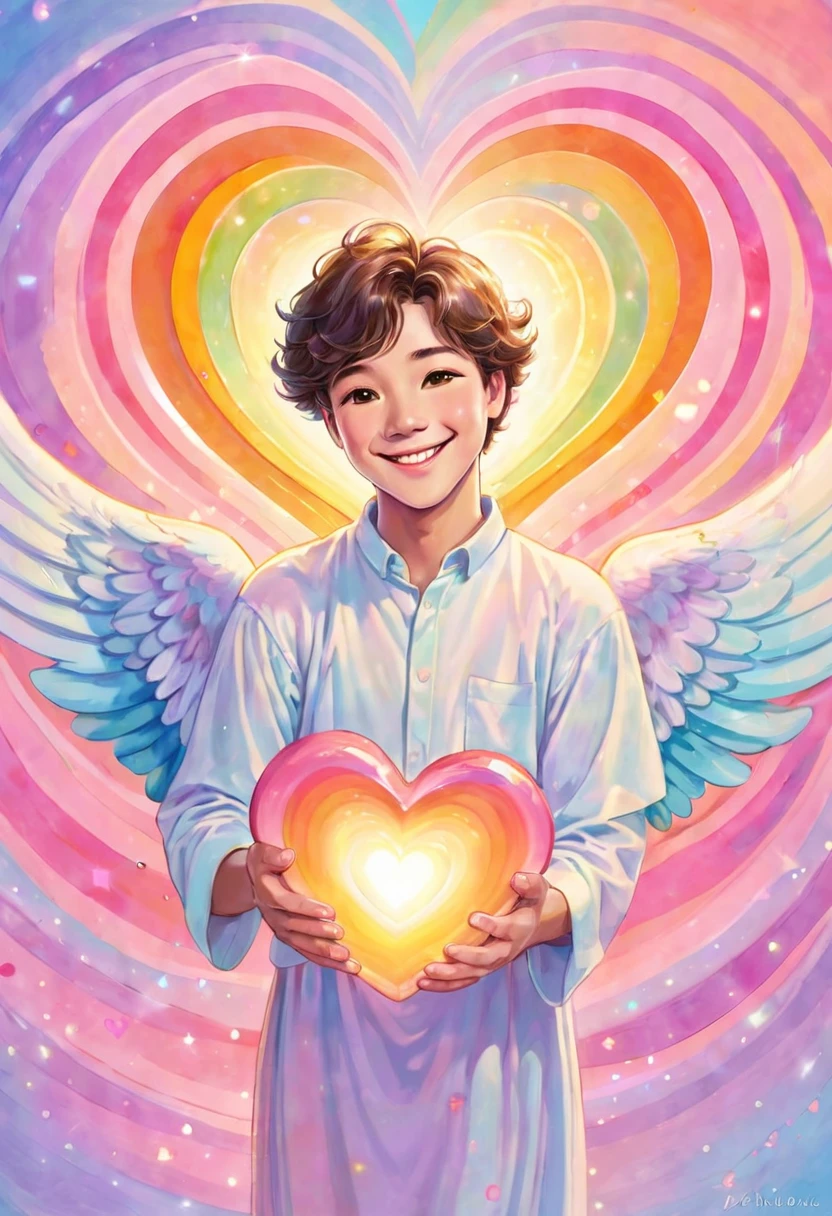 A young male angel holding a large salmon pink heart in the center. he is smiling and joyful. A rainbow of pastel colors surrounds the heart. This heart emits light and creates a light effect around it. ripples of light. Spreading brilliance. By making the background a gradation of pale pink and pale orange, it creates a feeling of soft light spreading. Try to express kindness and reassurance throughout. Add shine with light radiation and fine particles. We created a bright and warm design that will warm the hearts of those who see it. Add elegance with a spiritual touch