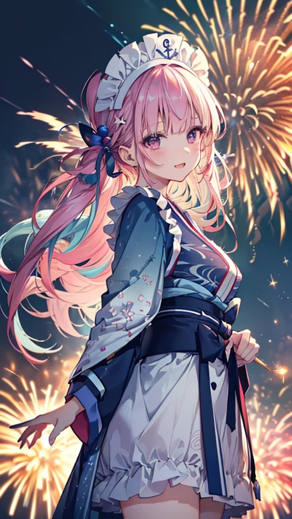 (best quality:1.2), (ultra detailed:1.2),(masterpiece:1.2),(8k:1.2),(eeaqua, maid headdress),(Blessed,Captivating body、Ultra detailed hands、Ultra-detailed eyes、Ultra-detailed skin、ultra-detailed face,Detailed Background),One Girl、"(((Beautiful woman))), I, Masseter muscle area, Highest quality, Elegant anime style, (Spectacular Pyrotechnics, Starmine with lots of fireworks:1.5), Shots from a distance, Backward view, Night view, A big smile、Bokeh effect and depth of field, High Key Light"