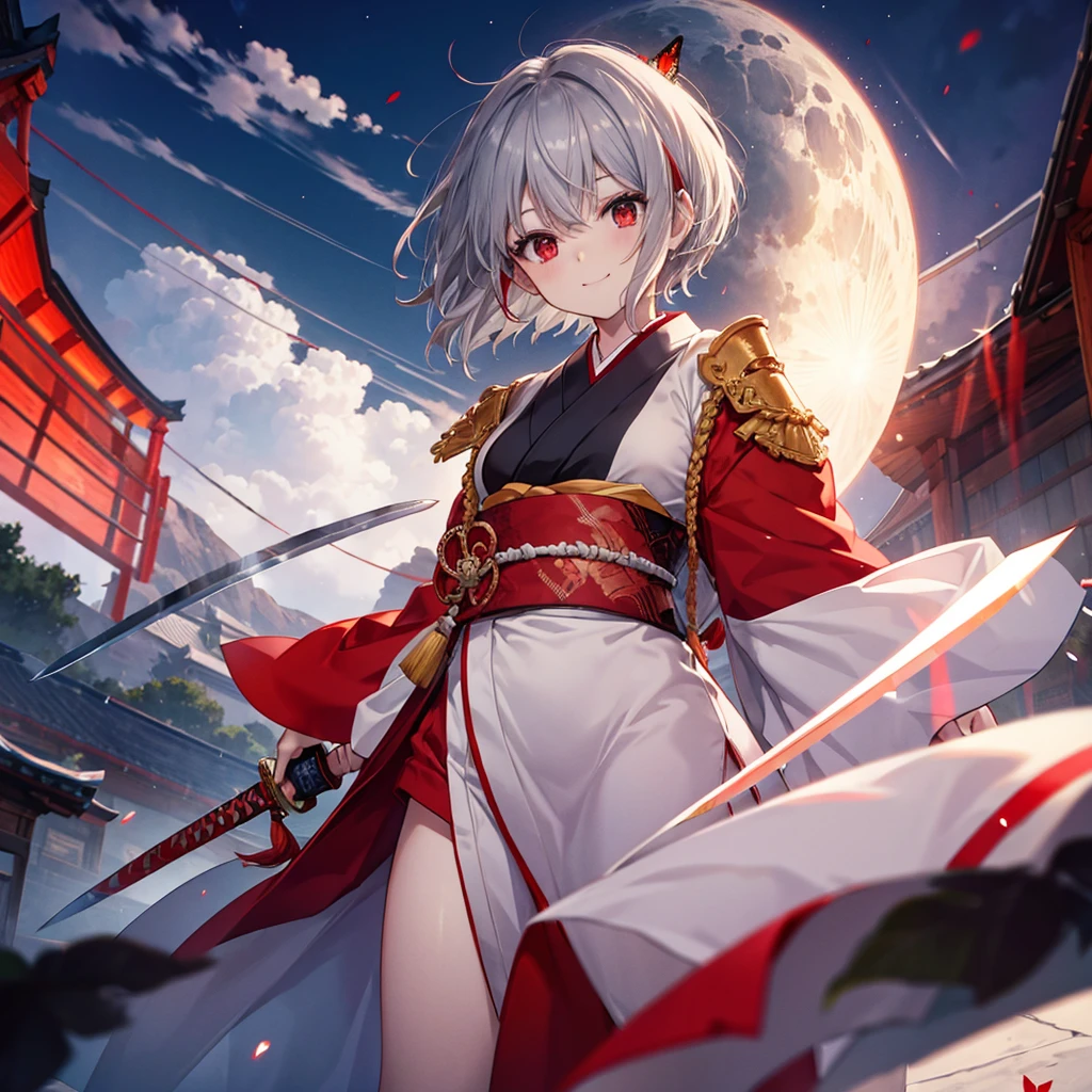 (((((1 person Gray Hair、short hair、Red Sideburns White and red clothes、shoulder))))) ((((High resolution Japanese sword、Shining blade Visible thighs)))) (((Black Belt warrior military commander、Close-up smile Red eyes))) ((Bright red butterfly night Japanese style、old Shining Aura garden、water surface full moon Catch the wind)) (Shining Background Shining Edges)