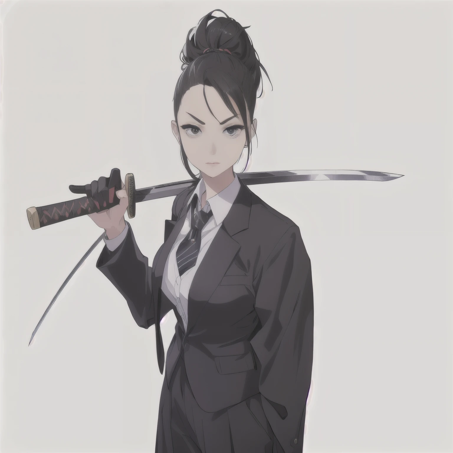 a girl in a suit holding a sword and a sword in her hand, holding katana, holding a katana, dramatic wielding katana pose, wielding a katana, menacing!!!, epic portrait of menacing, swordswoman , holding a black katana