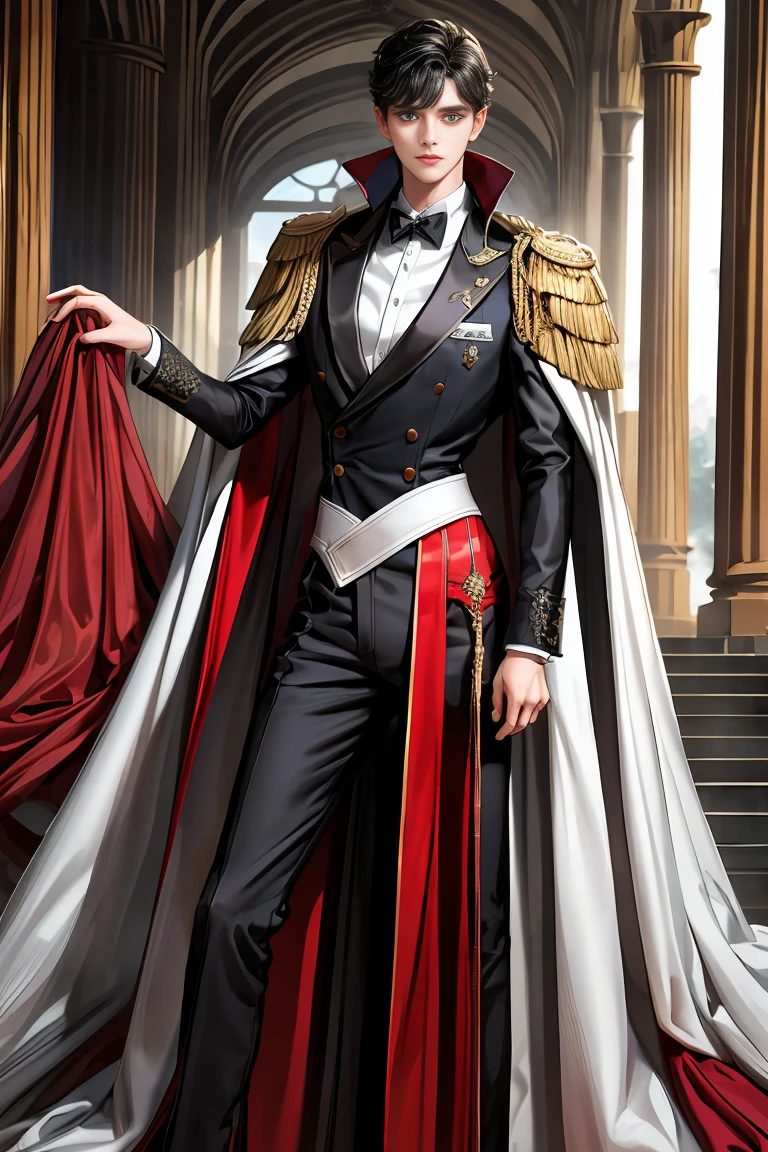 masterpiece, 最high quality, high quality, 1 boy, alone, Male focus, Watching the audience, Messy black hair, Adorable big blue eyes, White, Noble, Noble,A sexy, voluminous, puffy cape、tuxedo、A very voluminous, large, very large, very large, long, long red and black cape with a high stand-up collar, made of a lot of fabric that reaches down to the floor., ,Cute beautiful boys,Cute, cute, kind, handsome guy