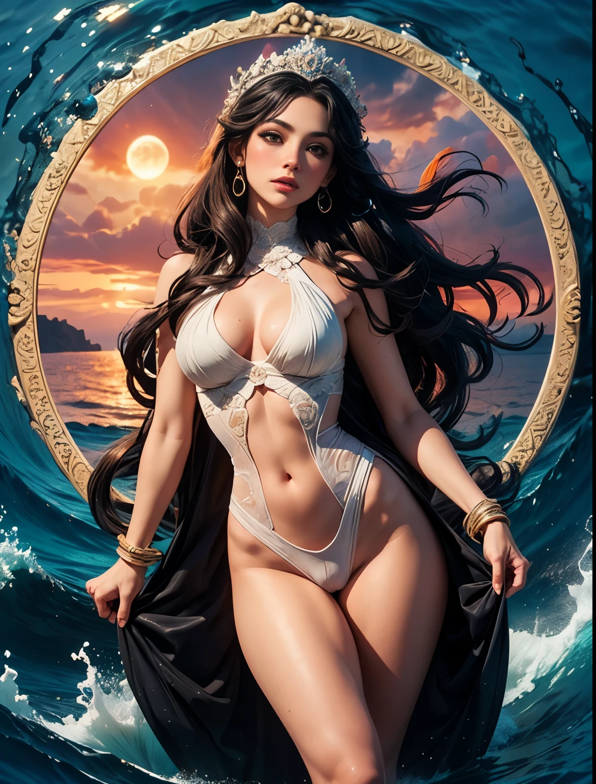 Super beautiful big bright eyes, ((high quality)), ((masterpiece)), ((realistic)), (details), Reflective luminous white: 1.5, Bright orange texture: 1.3, 1 monkey adhesive (camel toe) beautiful young woman with, A sexy photo, top to bottom, bright neon, a Mandala, Cinematic, sharp, Ray Tracing, joy, Lightness, ocean, big waves, waves with foam, goddess of the sea, very long hair merged in water, transparent robe, red clouds sunset, huge full moon, luminescent, Greek columns, ancient temple on water, dynamic movement, nake woman, mujer desnuda, full body