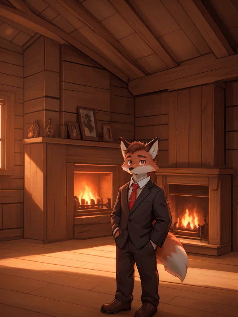 a young fox, fluffy tail, serious expression, relaxed, wearing a black suit, white shirt, red tie, light brown eyes, looking at the camera, in a wooden room with a fireplace