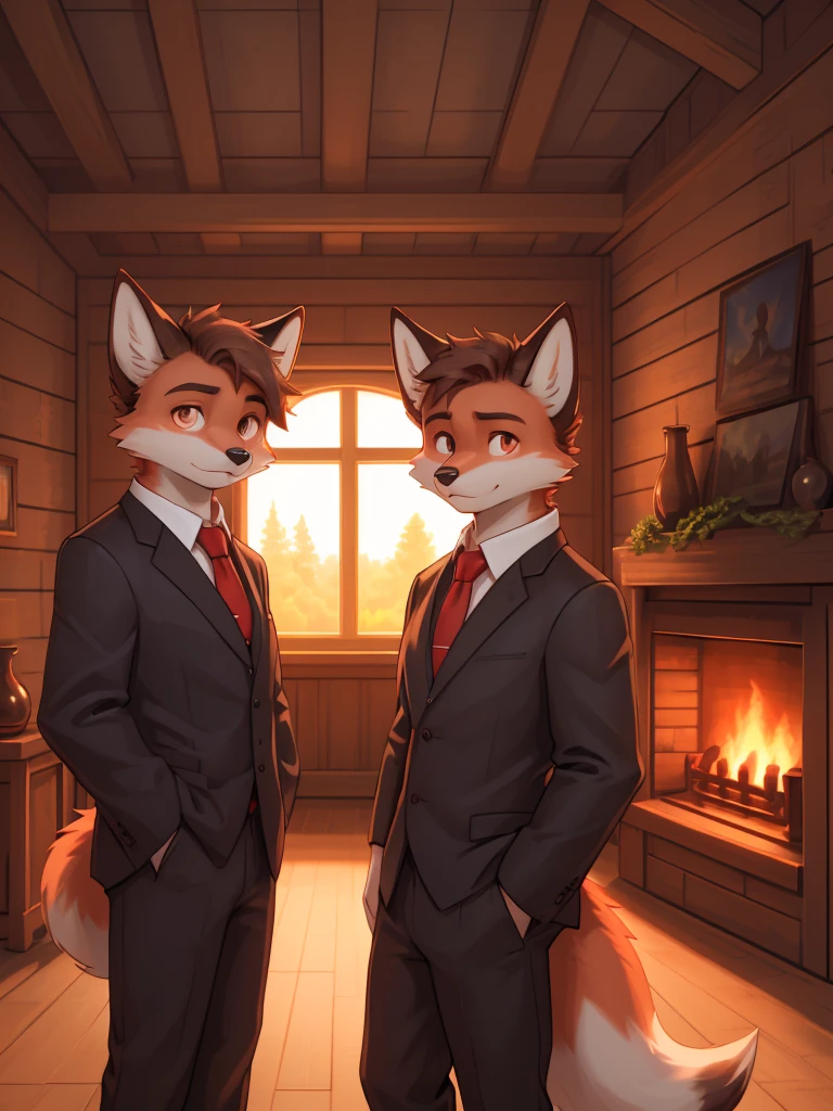 a young fox, fluffy tail, serious expression, relaxed, wearing a black suit, white shirt, red tie, light brown eyes, looking at the camera, in a wooden room with a fireplace