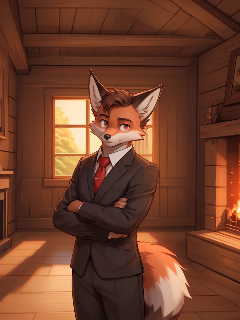 a young fox, fluffy tail, serious expression, relaxed, wearing a black suit, white shirt, red tie, light brown eyes, looking at the camera, in a wooden room with a fireplace