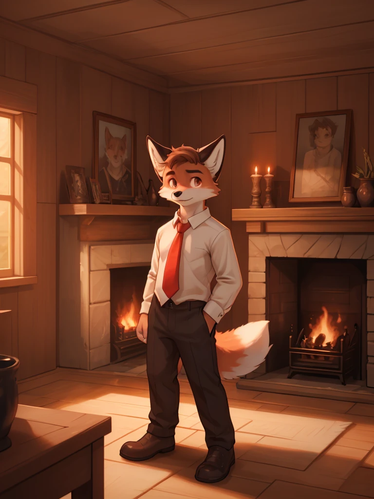 a young fox, fluffy tail, serious expression, relaxed, wearing a black suit, white shirt, red tie, light brown eyes, looking at the camera, in a wooden room with a fireplace