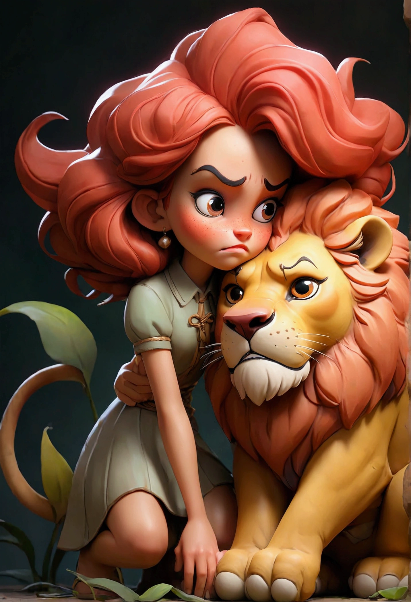 Crouching girl blushing and a lion comforting her