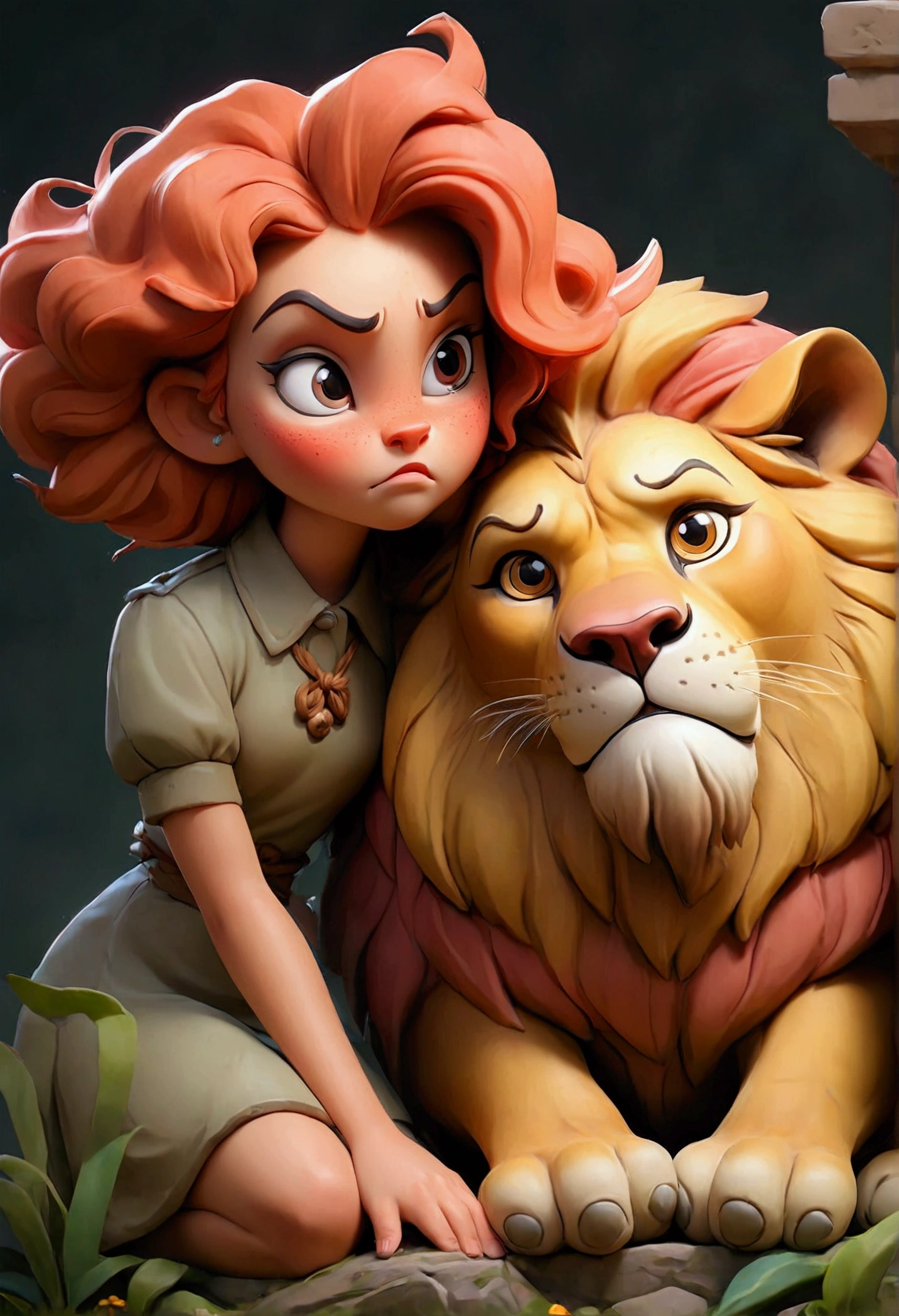 Crouching girl blushing and a lion comforting her