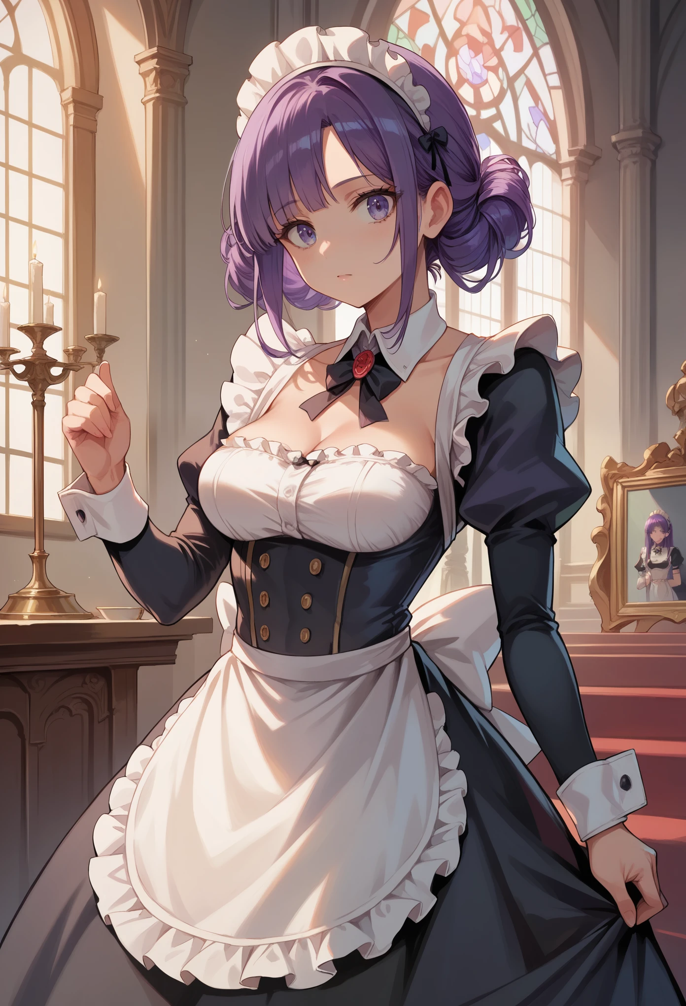 (((Best quality, 8k, Masterpiece: 1.3)), ((best quality)), ((masterpiece)), (detailed), perfect face, A maid girl with long purple hair, she looks at me, Her thick hair flows, A maid costume with frills. She serves at the royal court, high resolution, Textured skin, anime style