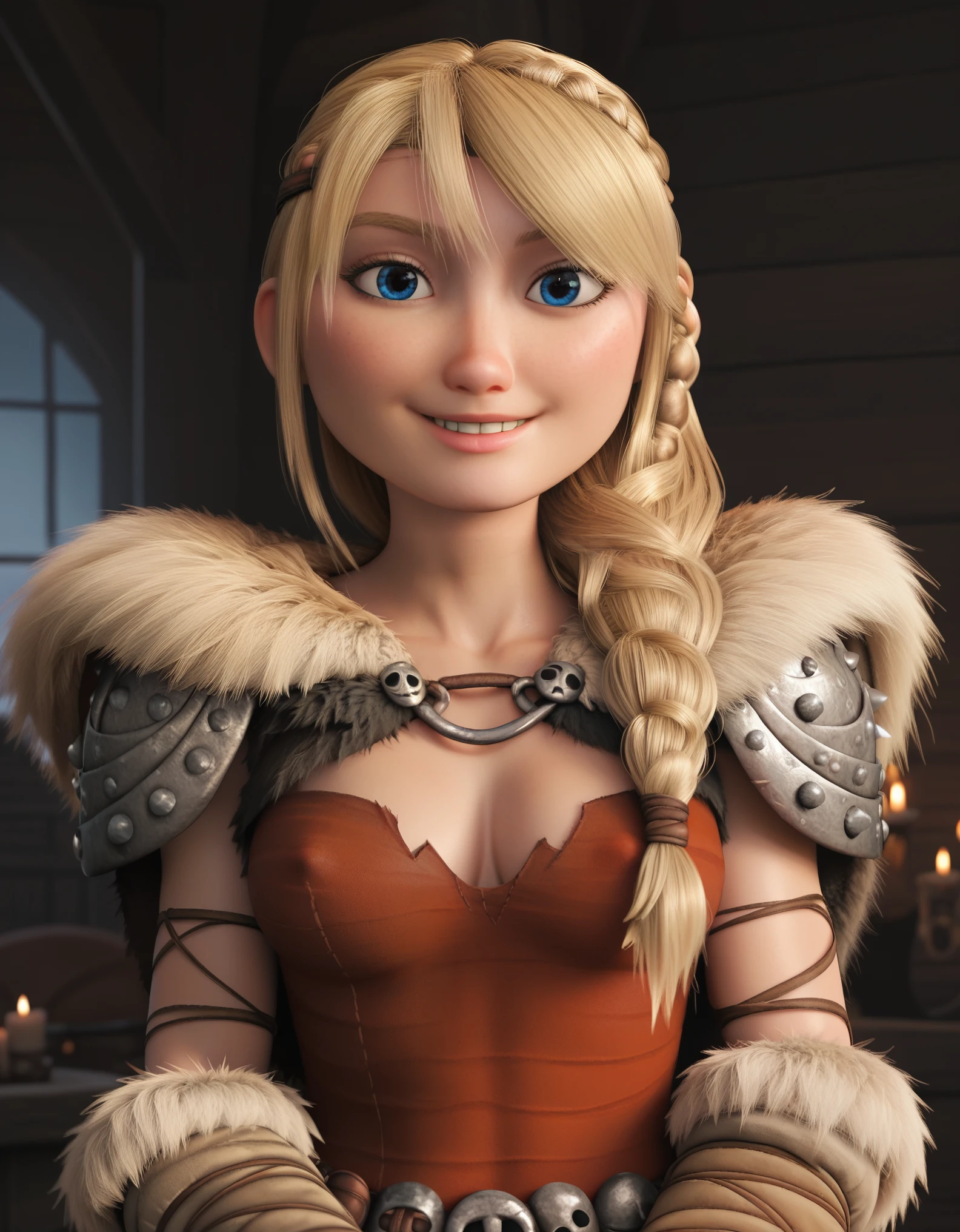 score_9, score_8_up, score_7_up, score_6_up, rating_safe, 1girl, solo, cute, ASTRIDHOFFERSON, blonde hair, braid, long hair, blue eyes, breasts, nipple outline, cleavage, fur trim, shoulder armor, armor, pauldron, looking at viewer, ((flirting, sensual smile,)) viking village background