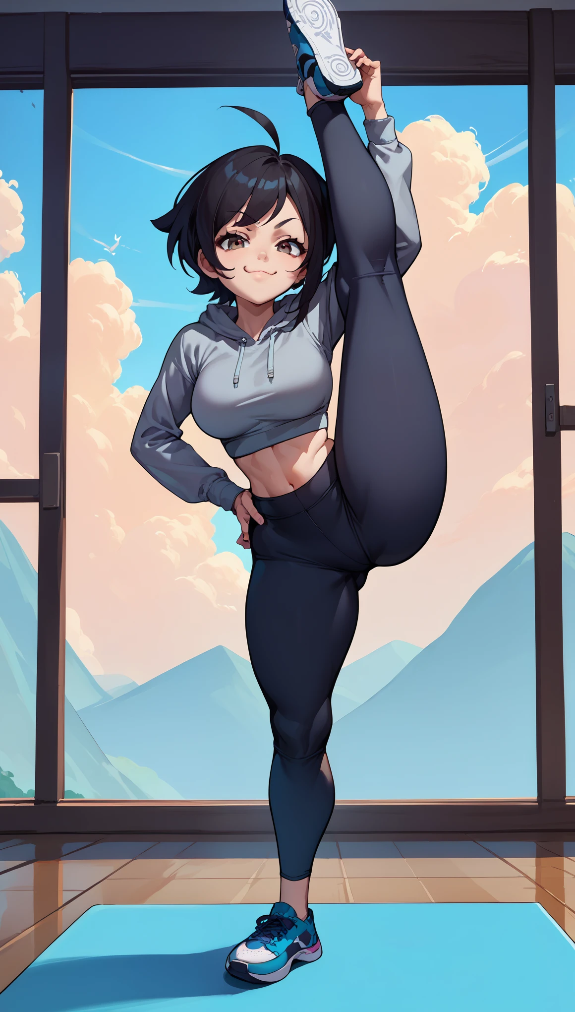 score_9, score_8_up, score_7_up, score_6_up, source_anime, 1girl, solo,young girl, sakutomo, black hair, short hair, ahoge, large breasts, grey hoodie,yoga pants, vertical splits, sneakers, hands on own hips, looking at you, smug, blue sky,