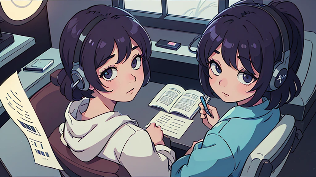 Observe every detail perfectly,(Highest quality:0.8) Perfect anime illustration, Wear headphones,Girl sitting at desk,Look Down、A girl studying,indirect lighting、80's、Retro、night