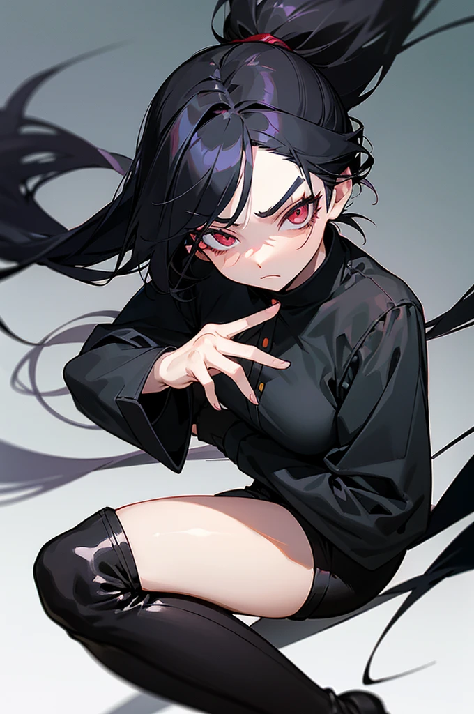 Anime lady, crimson eyes, long eyelashes, long raven black hair, long ponytail, fringe in middle of face, one strand of hair trailing down left cheek, hair framing face, black suit, black shorts, black thigh-high socks, ankle leather boots, heeled boots, holding katana, cold expression, dismissive, looking down at camera, gradient background