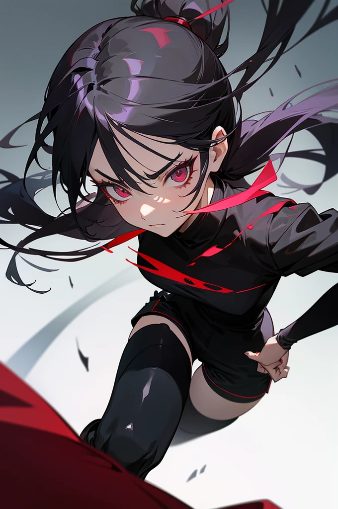 Anime lady, crimson eyes, long eyelashes, long raven black hair, long ponytail, fringe in middle of face, one strand of hair trailing down left cheek, hair framing face, black suit, black shorts, black thigh-high socks, ankle leather boots, heeled boots, holding katana, cold expression, dismissive, looking down at camera, gradient background