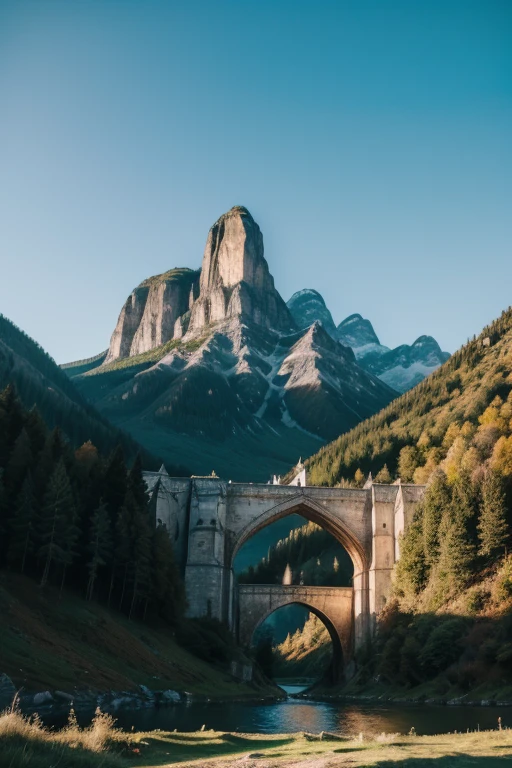 A landscape of mountains that has a bridge that takes you to a Gothic Christian cathedral