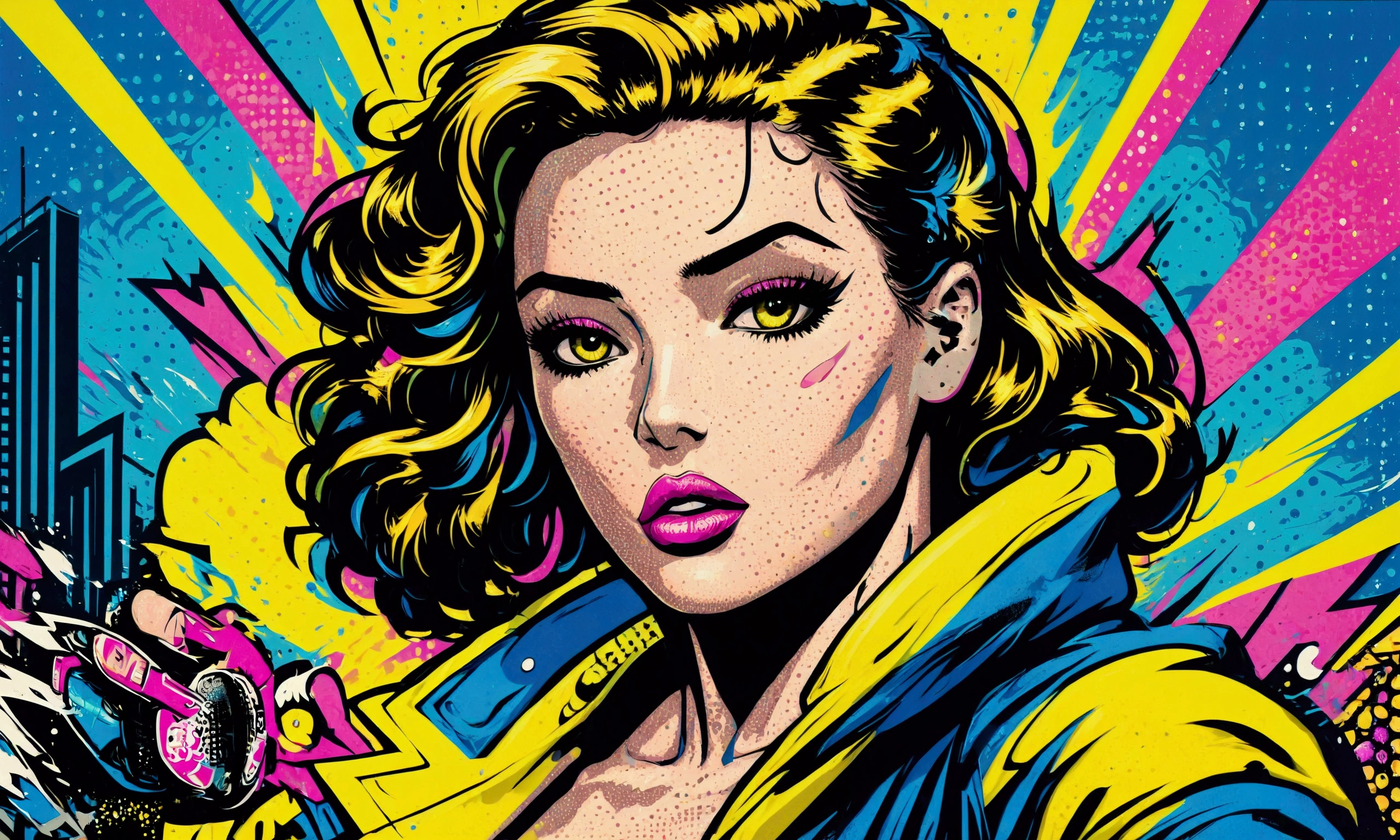 A portrait blending pop art, intricately detailed classic comic book illustrations, and graffiti style featuring a central woman against a vibrant background of electric blue and neon yellow. The composition includes bold, black outlines and splashes of pink, creating a dynamic contrast. The atmosphere is energetic and urban, with elements suggesting movement and spontaneity. Incorporate textures reminiscent of spray paint drips and comic book dot patterns to enhance the visual interest. 
