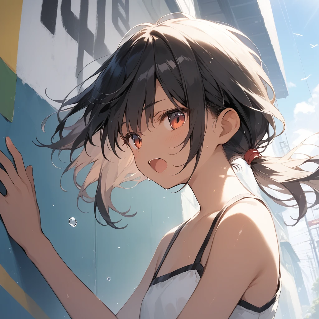 score_9, score_8_up, score_7_up, source_anime, best quality, masterpiece, official art, absurdres, highres, ultra-detailed,waifu2x,Collection: Slice of Life,break,1girl, tomboy, dark-skinned female, short hair, low ponytail, flat chest, beautiful detailed eyes, shorts, sweat, open mouth, (yawn:0.3), sleepily, outdoors, wind,break,(clear line illustration:1.2), super detailed skin,very high resolution, very aesthetic, Best sexual lighting powered by famous artist, 8k,cute picture,beauty illustration,photoshop_(medium),,(Detailed Lighting),best anime 8k konachan wallpaper, pixiv contest winner,