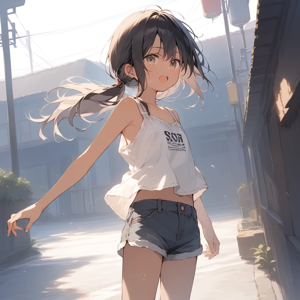 score_9, score_8_up, score_7_up, source_anime, best quality, masterpiece, official art, absurdres, highres, ultra-detailed,waifu2x,Collection: Slice of Life,break,1girl, tomboy, dark-skinned female, short hair, low ponytail, flat chest, beautiful detailed eyes, shorts, sweat, open mouth, (yawn:0.3), sleepily, outdoors, wind,break,(clear line illustration:1.2), super detailed skin,very high resolution, very aesthetic, Best sexual lighting powered by famous artist, 8k,cute picture,beauty illustration,photoshop_(medium),,(Detailed Lighting),best anime 8k konachan wallpaper, pixiv contest winner, 