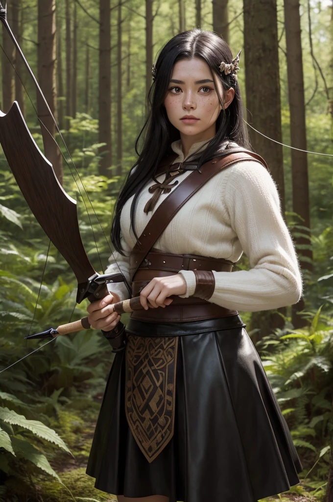 a viking woman with black hair black eyes and freckles with bow and arrow in the forest and wearing a black leather skirt