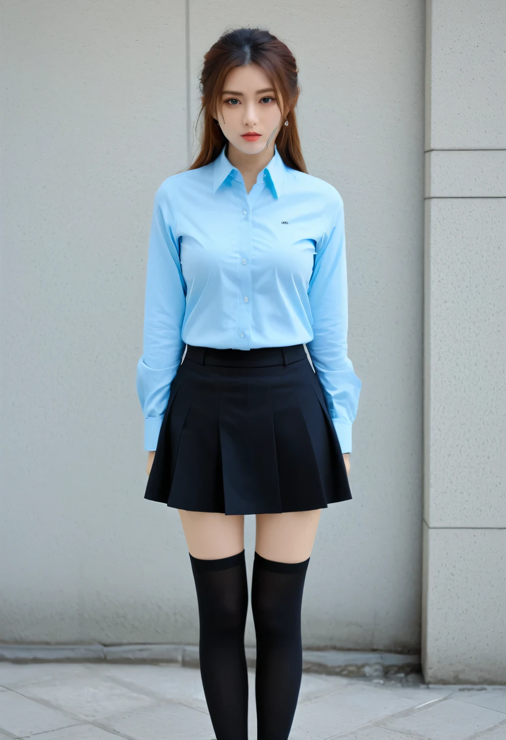 score_8up, score_9, Beautiful girl who is a dependant, Cold atmosphere, anger, Angry expression, ((Light blue tight collar shirt、tockings)), Orthodox clothing, That's horrible, Cold Stare, Slim face, The body is slim,Straight long hair, Brown Hair, Intimidating, Perfect hands,Black choker、Blue contact lenses、bangs、Very thick and long eyelashes、((Big Breasts)), Dependents, Big Breasts, Red lipstick, Anatomically correct, Lounge, Strict surveillance of working women、Many women are left ill