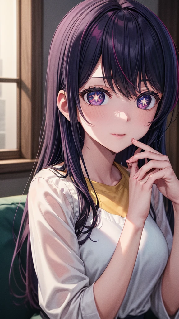 (8k, Ultra-high resolution, The best masterpiece, best quality:1.2), Very detailed, portrait, Half Body, side, focus on eyes, HD RAW photos, career arrest, High quality and beautiful, 超高清 8k 影像照片, confess, Professional photography, (actual, actual相片: 1.37), Very detailed的美麗女孩, Super delicate face shape, Contoured eyes, (Very detailed eyes), Delicate skin, (HD Skin:1.2), Neatly contoured fingers, (20:1.2), Twenty generations, cute girl, young beautiful mother, solo, Ai Hoshino, Hoshino Ai, (Wearing home clothes), Vibrant look, (Living room at home), Dynamic dark purple long hair, shiny purple eyes, (Star-shaped pupil:1.5), one hand raised, Sensual, Exuding motherly love, perfect ???????, Detailed background, HD Background, Volumetric lighting, actual, stunning details, 8k Ultra HD, high quality, CG unity, C4D Rendering, 3D Rendering, Octane Rendering,