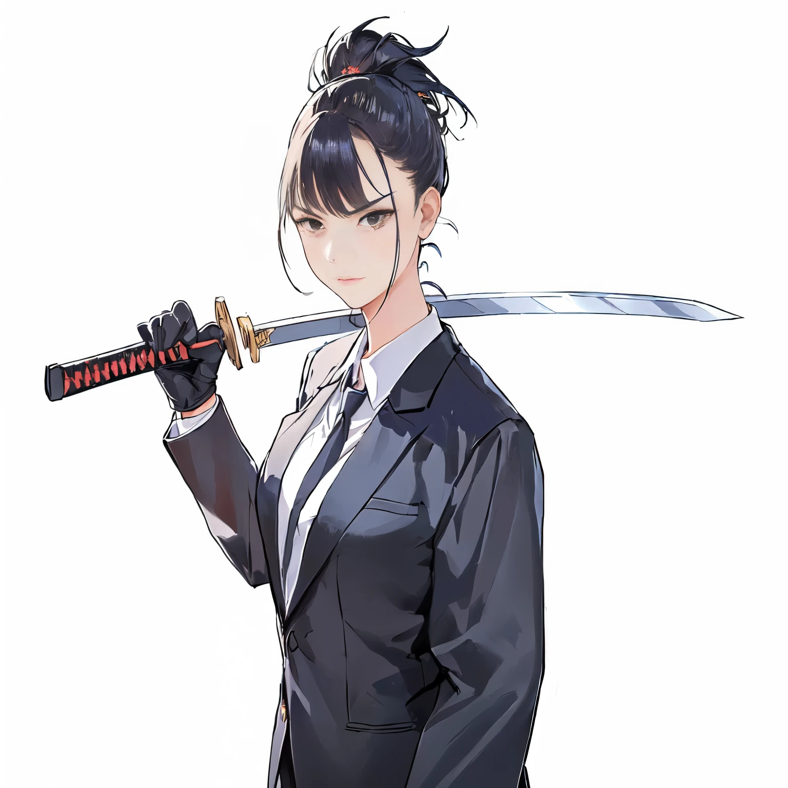 a girl in a suit holding a sword and a sword in her hand, holding katana, holding a katana, dramatic wielding katana pose, wielding a katana, menacing!!!, epic portrait of menacing, swordswoman , holding a black katana, funny professional photo, professional profile picture, holding two swords, amazing professional picture