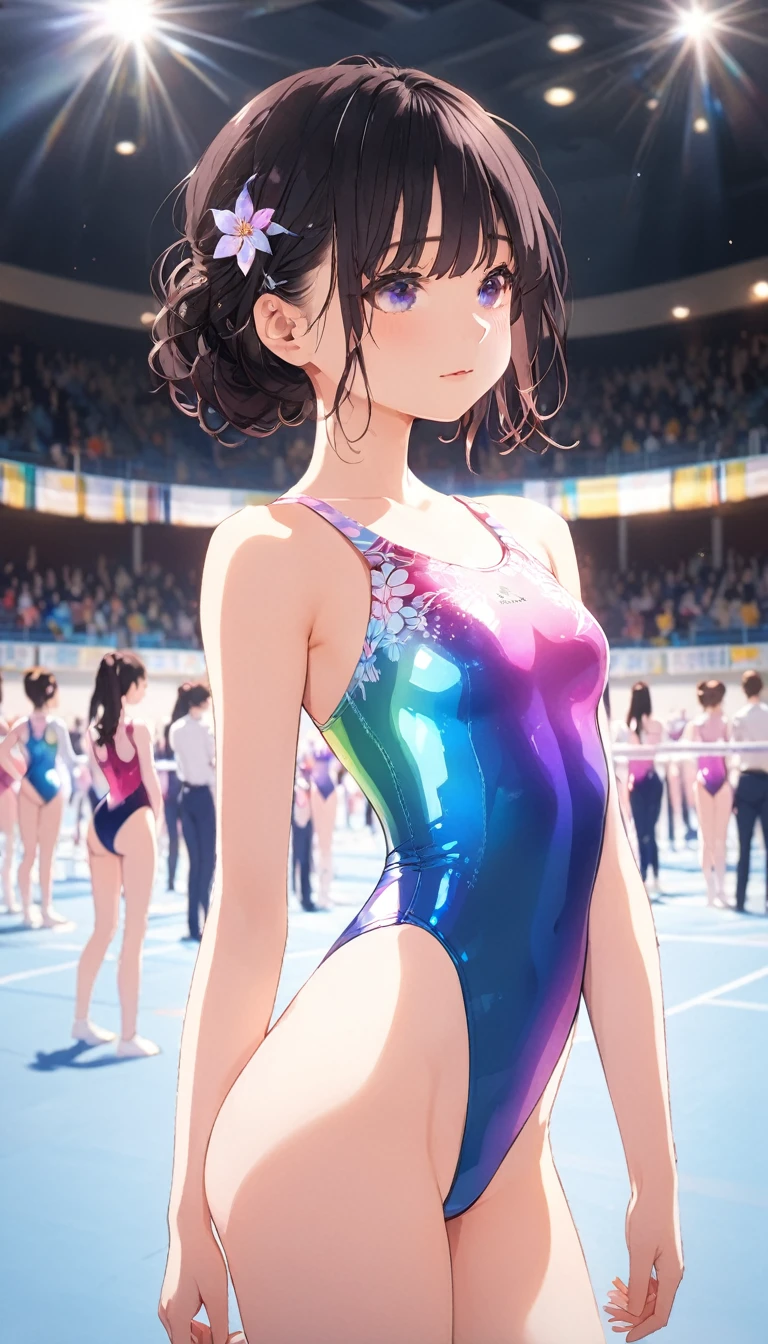 highquality illustration, masterpiece, very delicate and beautiful, attractive girl,((gymnastics leotard,tight-fit
 leotard,long sleeve leotard,long_sleeve leotard,high_leg leotard,athletic leotard,floral patterns leotard,iridescent gradient leotard)), audience reactions,thin,slender body,slim,high school,gymnasium,gymnastics club,beautiful eyes,(masterpiece, best quality:1.2), highres, extremely detailed CG unity 8k wallpaper, perfect lighting, Colourful, ultra-high res,4K,ultra-detailed, photography, 8K, HDR,  17 ages,cowboy shot,