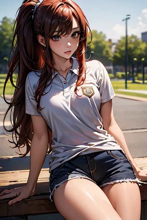 (Highest quality)),(超High resolution),(Very detailed),(Detailed Description),((The best CG)),(masterpiece),Ultra-detailed art、(Highest quality、8k、32K、masterpiece)、(Realistic)、(Realistic:1.2)、(High resolution)、Very detailed、Very beautiful face and eyes、1 female、Tight waist、Delicate body、(Highest quality、Attention to detail、Rich skin detail)、(Highest quality、8k、Oil paints:1.2)、Very detailed、(Realistic、Realistic:1.37)、Bright coloredium length hair with loose waves、ponytail、The bangs are straight and fall on the forehead、Red hair))、 Light skin tone、Smooth and healthy skin、
""White quick-drying polo shirt(With school emblem)
Navy blue shorts(Stretch fabric)
White socks white sneakers background: ((Schoolyard:1.6))、Or natural scenery""