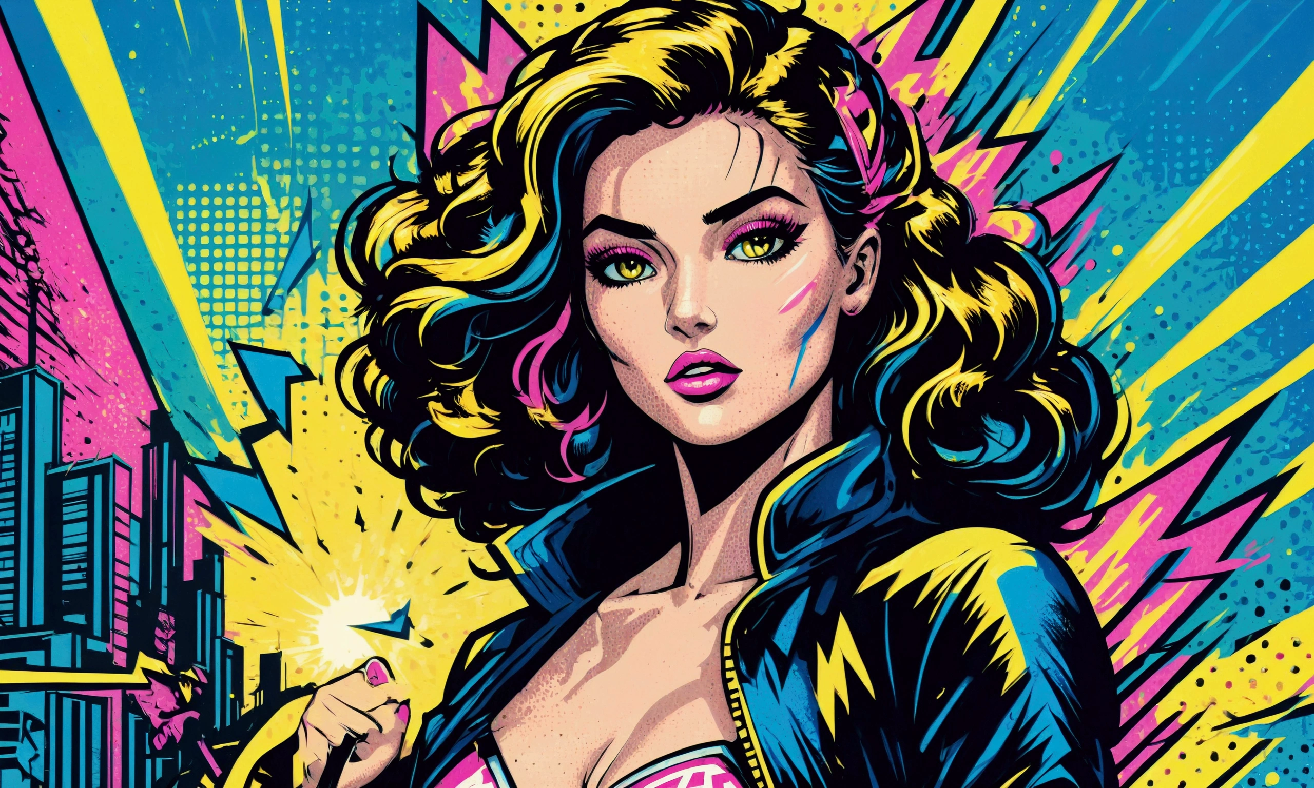 A portrait blending pop art, intricately detailed classic comic book illustrations, and graffiti style featuring a central woman against a vibrant background of electric blue and neon yellow. The composition includes bold, black outlines and splashes of pink, creating a dynamic contrast. The atmosphere is energetic and urban, with elements suggesting movement and spontaneity. Incorporate textures reminiscent of spray paint drips and comic book dot patterns to enhance the visual interest. 
