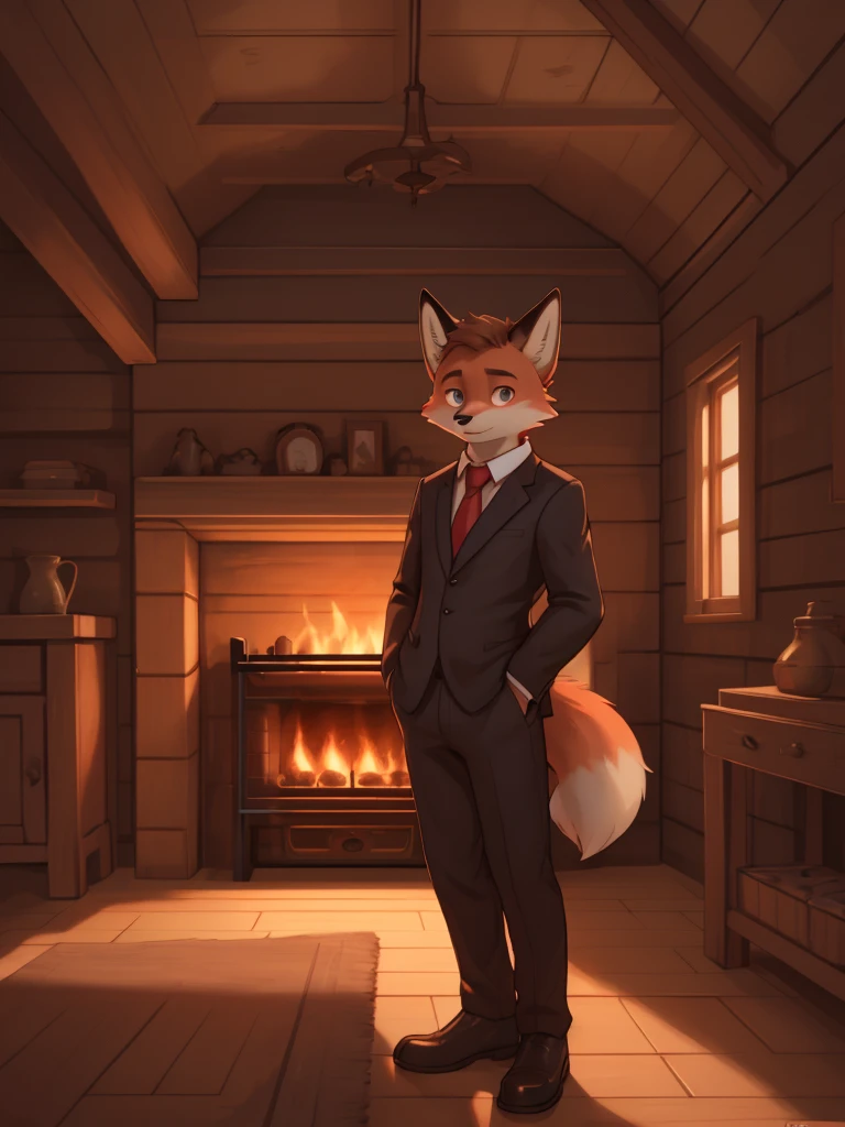 A young fox, spongy ass, with a serious expression, relaxed, with black suit, White shirt, Red tie, Light brown eyes, looking to the camera, in a wooden room with a fireplace, detailed, Aesthetic.