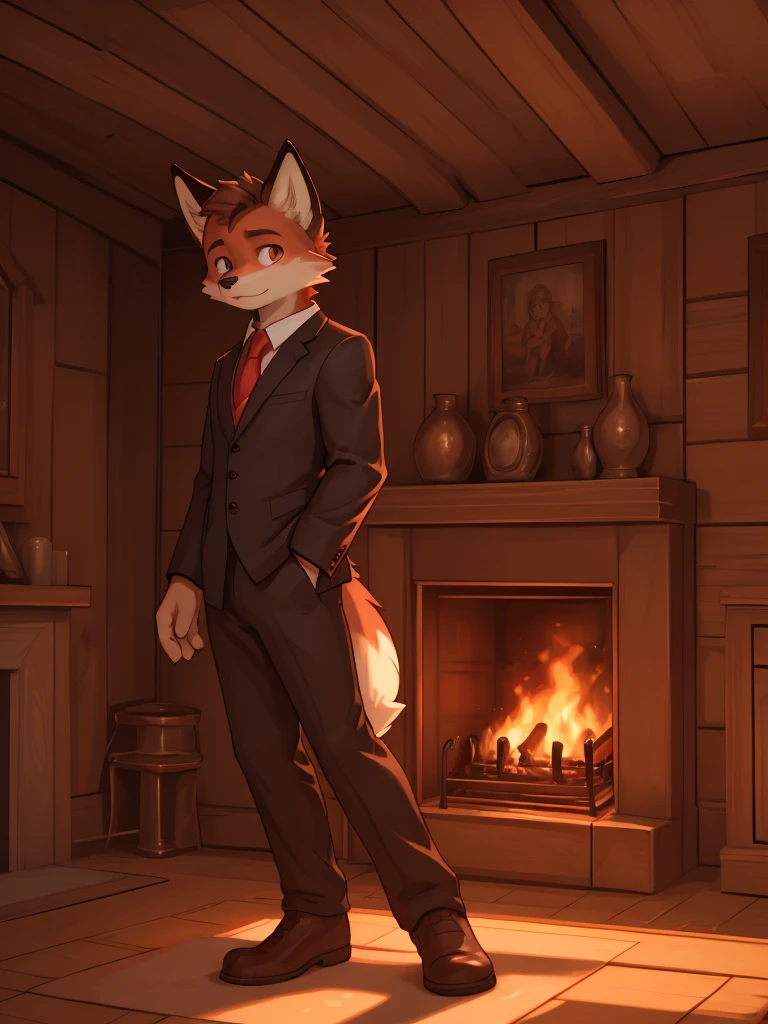 A young fox, spongy ass, with a serious expression, relaxed, with black suit, White shirt, Red tie, Light brown eyes, looking to the camera, in a wooden room with a fireplace, detailed, Aesthetic.