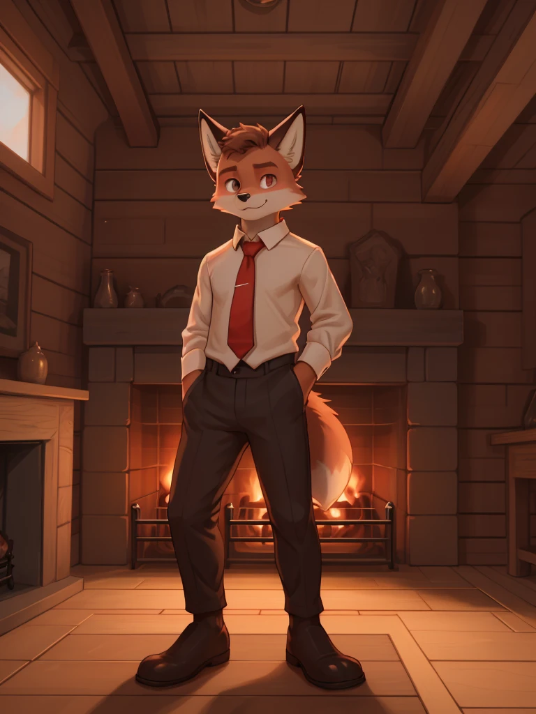 A young fox, spongy ass, with a serious expression, relaxed, with black suit, White shirt, Red tie, Light brown eyes, looking to the camera, in a wooden room with a fireplace, detailed, Aesthetic.