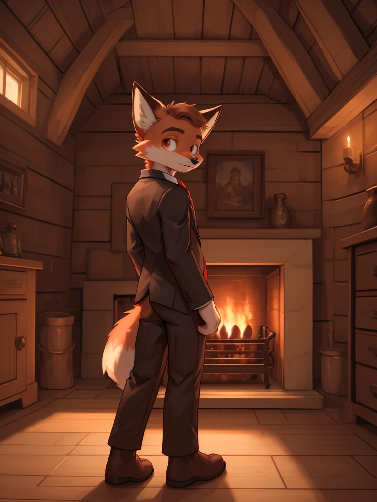 A young fox, spongy ass, with a serious expression, relaxed, with black suit, White shirt, Red tie, Light brown eyes, looking to the camera, in a wooden room with a fireplace, detailed, Aesthetic.