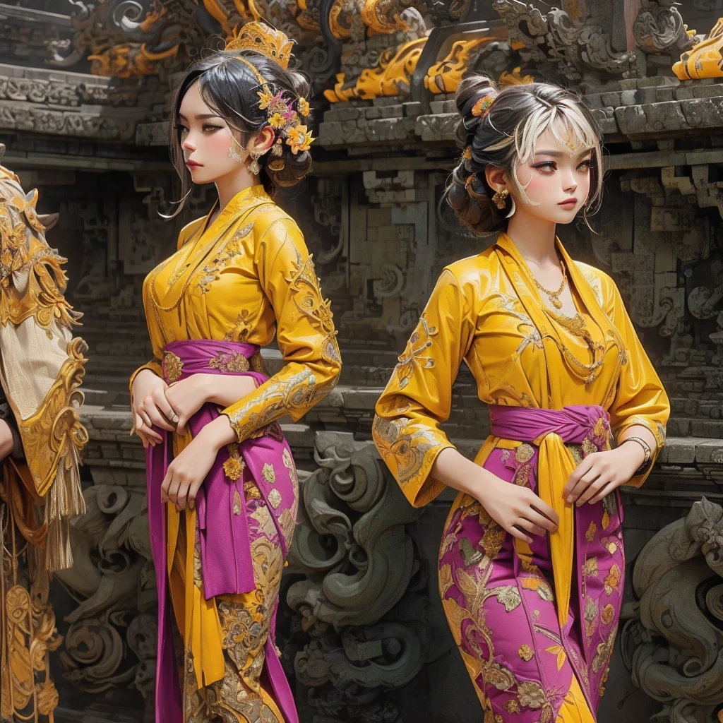 fullbody view, a beautifull woman, wearing batik kebaya, intricately design, borobudur temple Environment in the background, dramatic, UHD, 32K, ornate detail, very clean and detailed